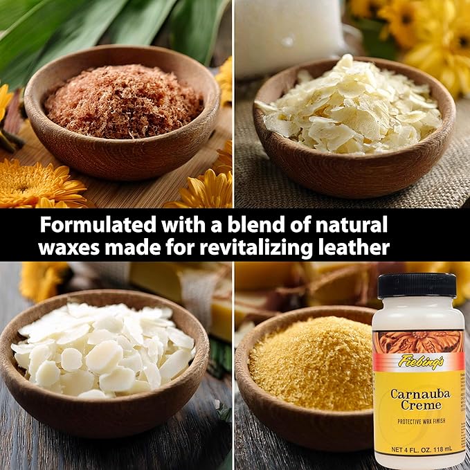 Fiebing's Carnauba Wax (4 oz) - Protective Leather Wax Creme Resists Fingerprints & Scuff Marks - Flexible, High Gloss Top Coat Finish to Restore Smooth Leathercraft, Car Seat, Boot, Shoe, Purse