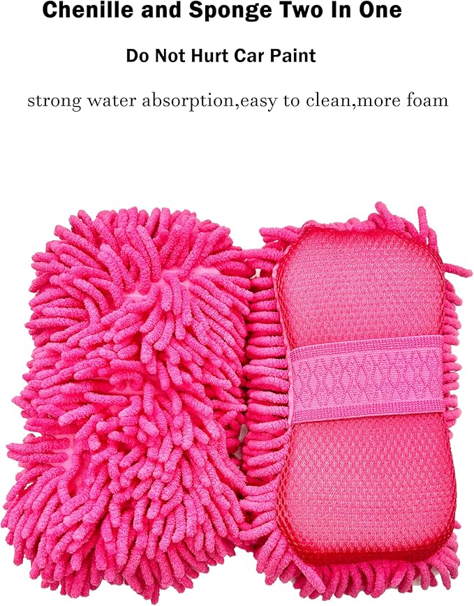 Microfiber Car Wash Sponge-Non-Scratch Wash Mitt-Two Sided Chenille Microfiber Washing Sponge-Mitt for Cars, Trucks, SUVs, Boats(2 Pack Pink)