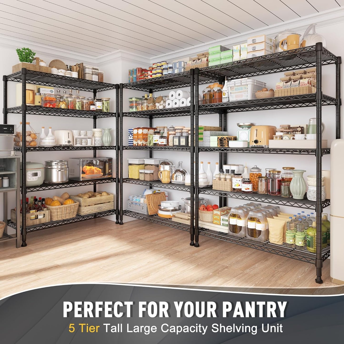 REIBII Storage Shelves, 5-Tire Wire Shelving Load 1000LBS Metal Shelves for Storage Adjustable Garage Shelving Unit Wire Shelf Rack Kitchen Storage Rack Pantry Shelves 31.5''W x 15.7'' D x 71''H