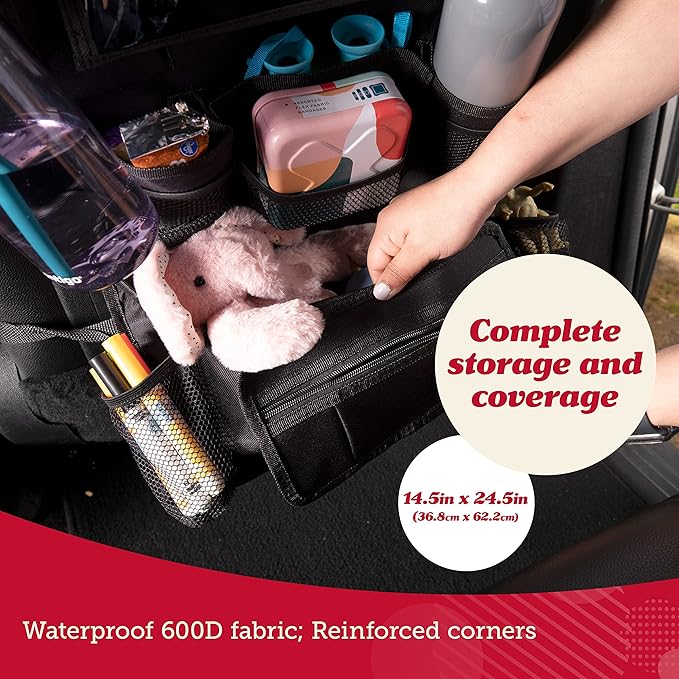 Lusso Gear Heavy Duty Back Seat Car Organizer Extra Large for Powerful Protection, Sag Proof & Reinforced Corners, Protects iPad & Backseat, 12 Versatile Car Seat Organizer Storage Compartments, (Tan)