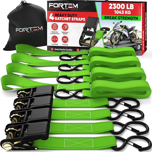 FORTEM Ratchet Straps, Tie Down Strap Set 2300lb Break Strength, 4 Pack 15ft x 1in, 4 Soft Loops, Moving Straps Tie Downs, Cargo Cam Buckles for Trucks, Carry Bag, for Men