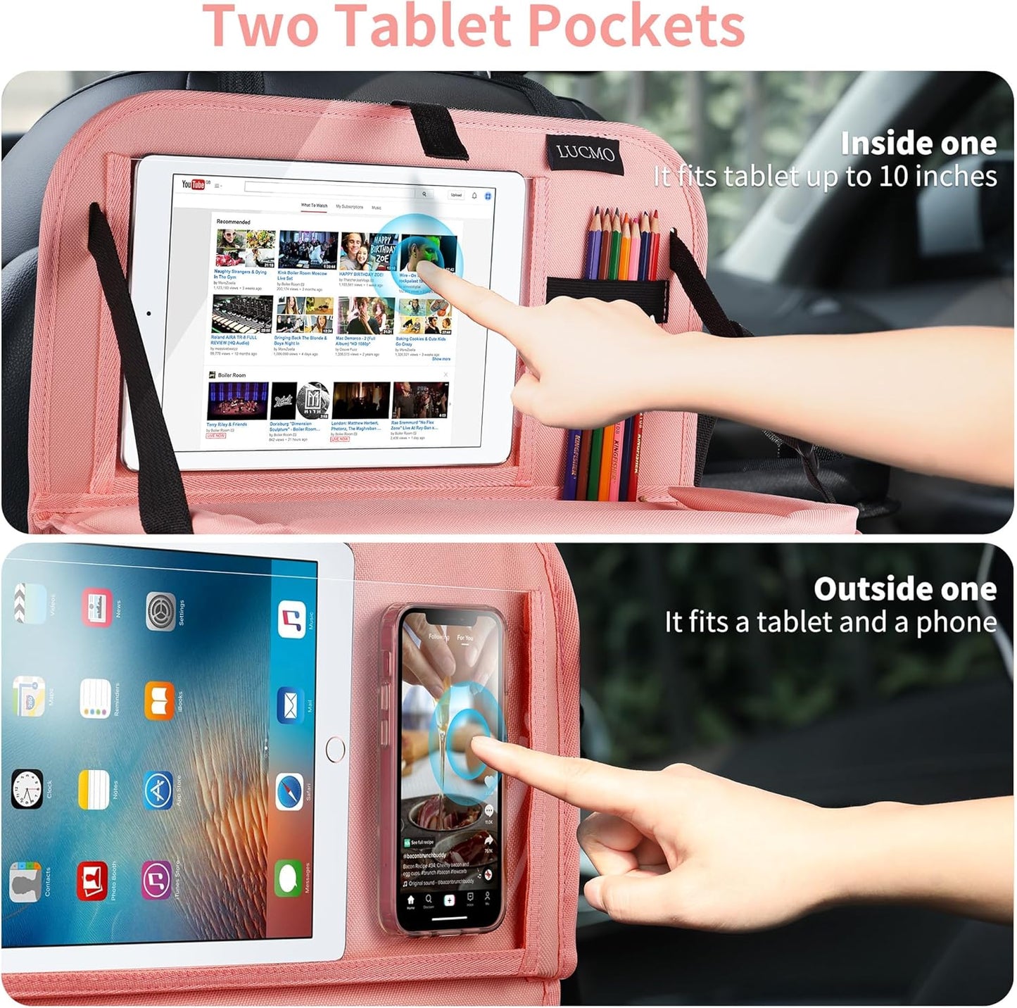 LUCMO Car Backseat Organizer with Tablet Holder,6 Storage Pockets Car Storage Organizer with Foldable Food Tray,Seat Protectors Kick Mats Travel Accessories-Pink