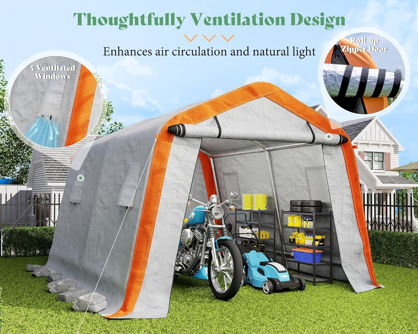 AMERLIFE 10.5x12x8 FT Heavy Duty Portable Shed Storage Shelter, Outdoor Storage Shed with 4 Waterproof Windows & Roll-up Zipper Door, Carport for Motorcycle, Bike, Grey