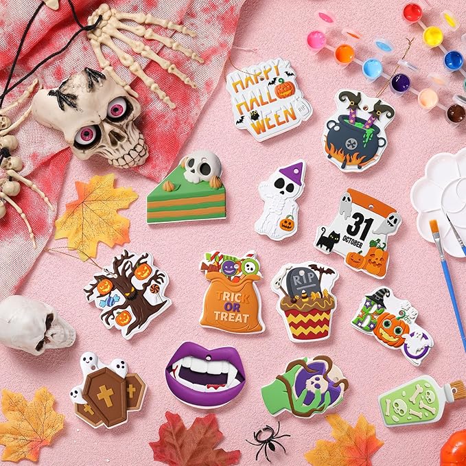 Seenelling 24 Sets Halloween DIY Painting Kits Paint Your Own Ceramics Pumpkin Ghost Unpainted Plaster Statues Arts and Crafts with Brush, Lanyard for Kids Halloween Gifts Party Decor (Fun)