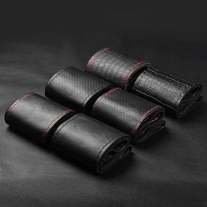 Top Genuine Leather Steering Wheel Cover with Anti-Slip Design, Soft Padding, Universal 15 Inch Auto Car Steering Wheel Stitch on Wrap