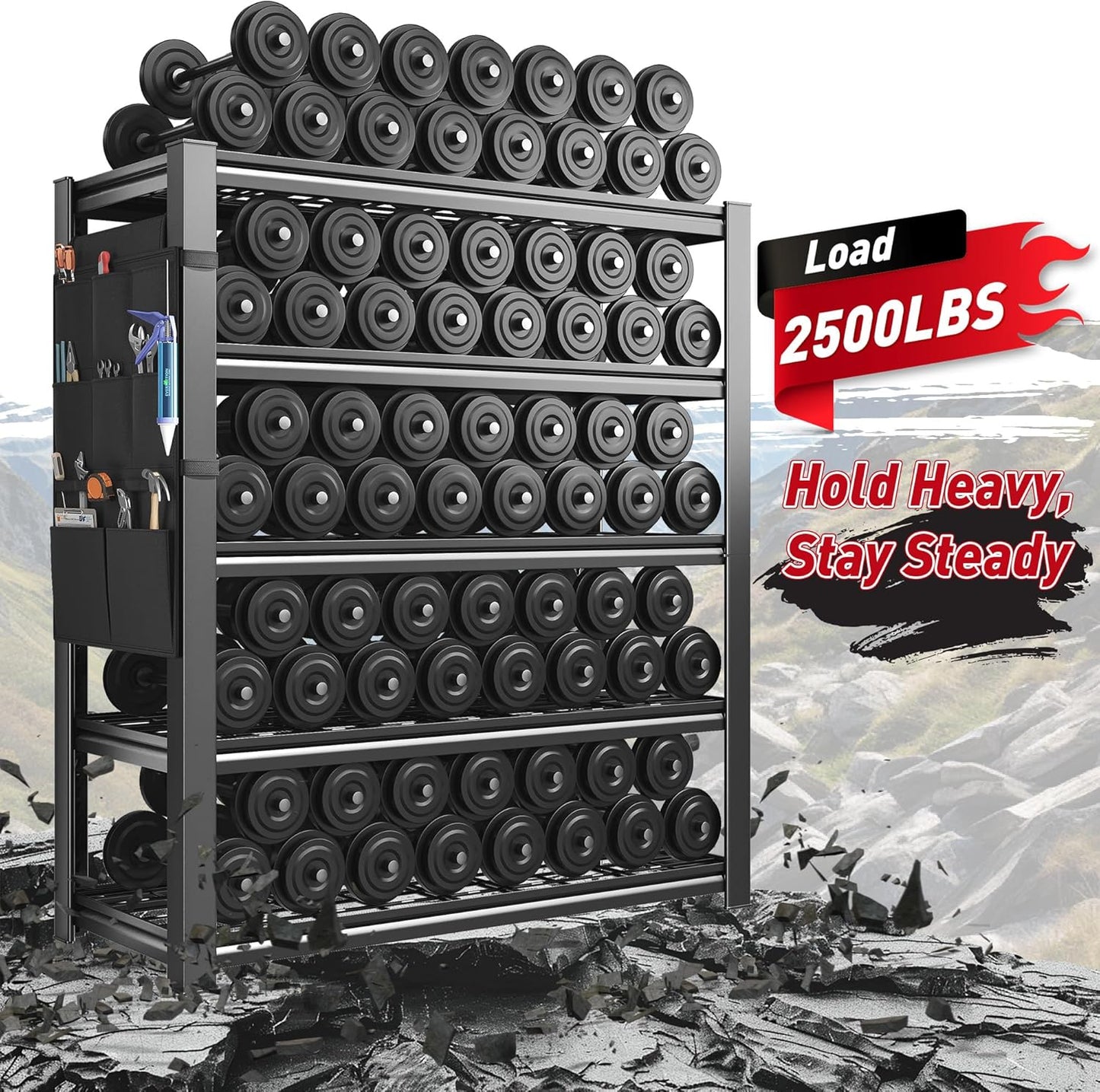 REIBII Storage Shelves, Heavy Duty Garage Shelving Load 2500LBS, 5-Tier Garage Shelves with Tool Storage Bag, Adjustable Industrial Metal Shelving for Basement, 66" H x38.2 W x16 D, Black