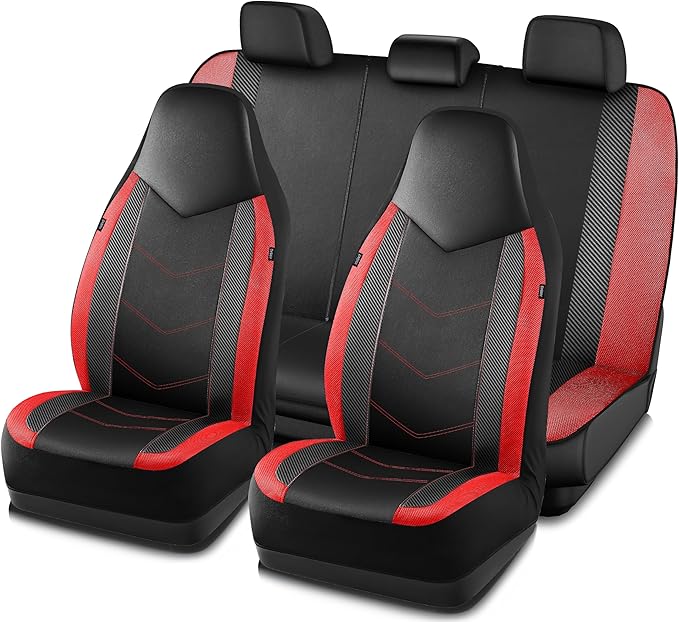 PIC AUTO Leather Car Seat Covers, Sports Carbon Fiber & Mesh Design, High-Back Full Set, Waterproof Automotive Seat Covers, Airbag Compatible, Universal Fit for Cars, SUVs, Trucks (Black & Red)