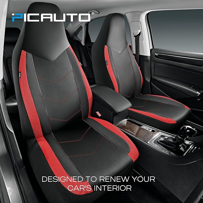 PIC AUTO Leather Car Seat Covers, Sports Carbon Fiber & Mesh Design, High-Back Full Set, Waterproof Automotive Seat Covers, Airbag Compatible, Universal Fit for Cars, SUVs, Trucks (Black & Red)