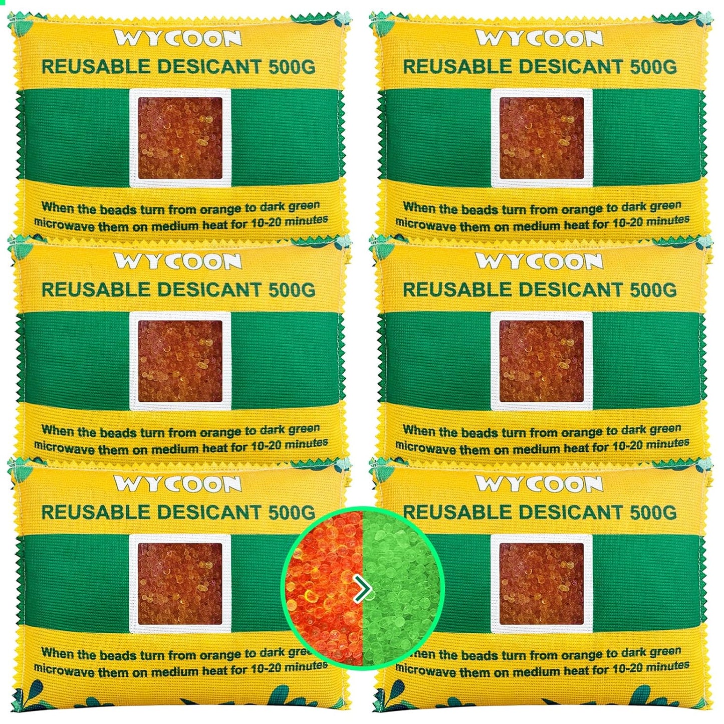 Rechargeable Desiccant Pack 6 x 500g, Moisture Absorber with Transparent Indicator Window, Desiccant Dehumidifier for Closet, Basement, Gun Safe, RV,Garage & Storage