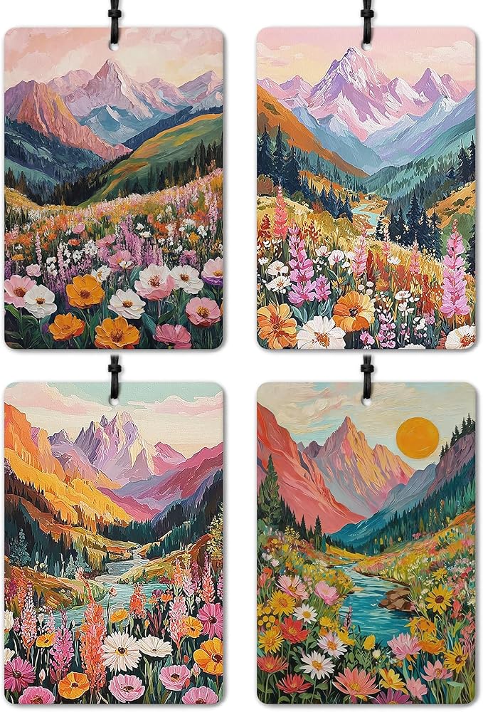 Maximalist Boho Floral Mountain Car Air Freshener 4 Pcs, Boho Abstract Eclectic Flower Hanging Air Freshener for Cars Closet Drawer Books, Cute Flower Car Accessories for Women