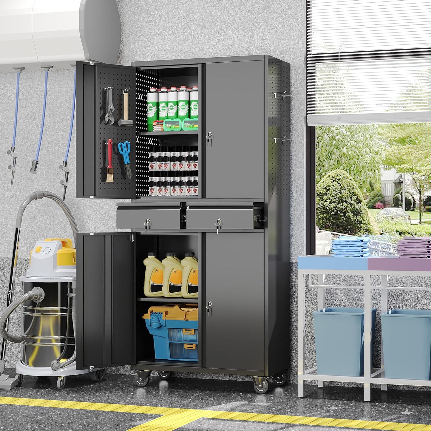 Metal Garage Storage Cabinet with Locking Doors and 2 Adjustable Shelves, Rolling Tool Storage Cabinet with 4 Wheels and 2 Drawer for Garage, Warehouse, Black, Assembly Required