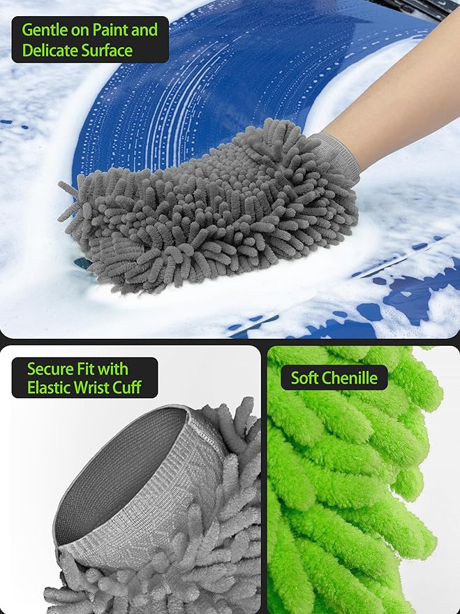 MR.SIGA Premium Microfiber Soft Chenille Car Wash Mitt, Pack of 2, Gray & Green
