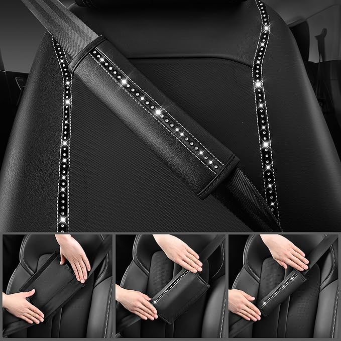 CAR PASS 14 PCS Bling Diamond Car Accessories Set for Women, Leather Seat Covers Front Seats Sparkly Rhinestone 15'' Steering Wheel Covers Shining Diamond Car Floor Mats Cute Interior Sets, Silver