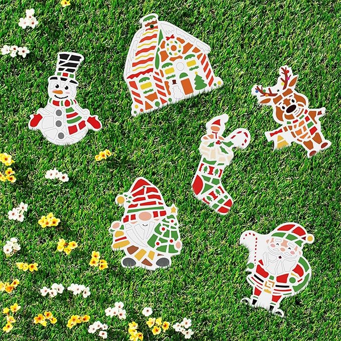 Gersoniel 6 Pack Christmas Paint Your Own Ceramic Ornament Kit Mosaic Stepping Stone Crafts Set Xmas Garden Stones Decor Pottery with Paints Brushes for Holiday Painting Party DIY Art Supplies