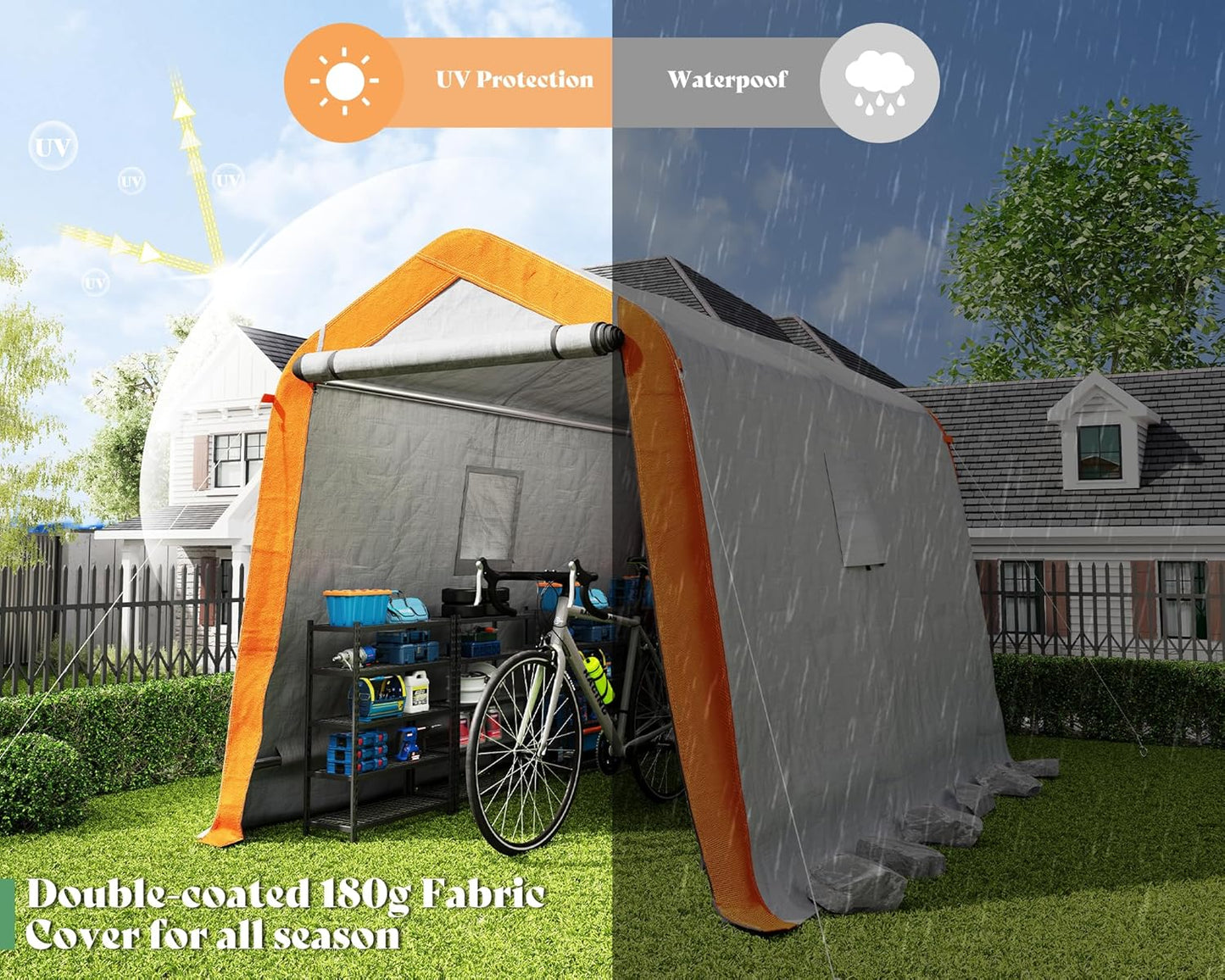 AMERLIFE 6x8x6.6 FT Heavy Duty Portable Shed Storage Shelter, Outdoor Storage Shed with 2 Waterproof Windows & Roll-Up Zipper Door, Carport for Motorcycle, Bike, Grey