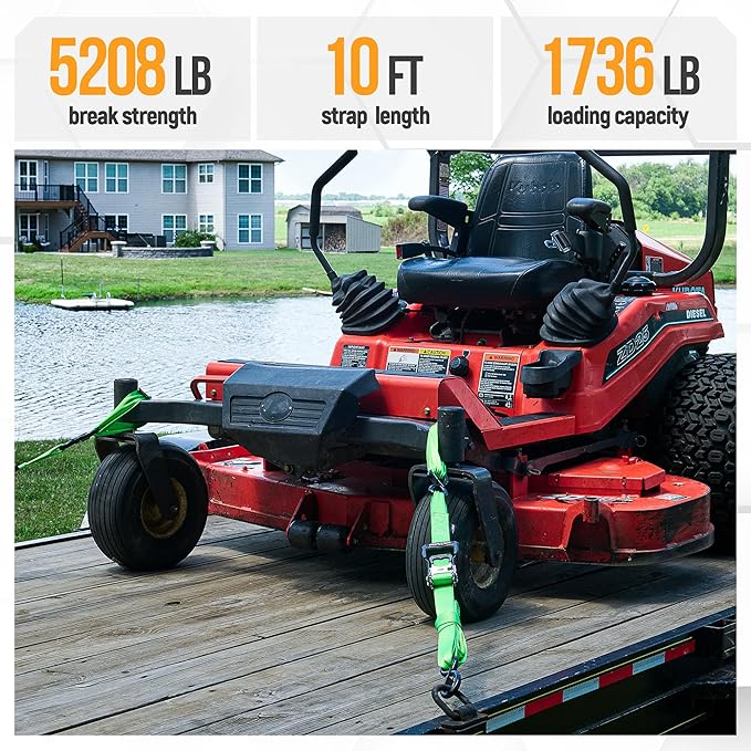 FORTEM Ratchet Tie Down Straps, 5208lb Break Strength, 4 Pack 10ft x 1.5in Heavy Duty Straps, 4 Soft Loops, Cam Buckles for Motorcycles, Safety Lock S Hooks, Carry Bag