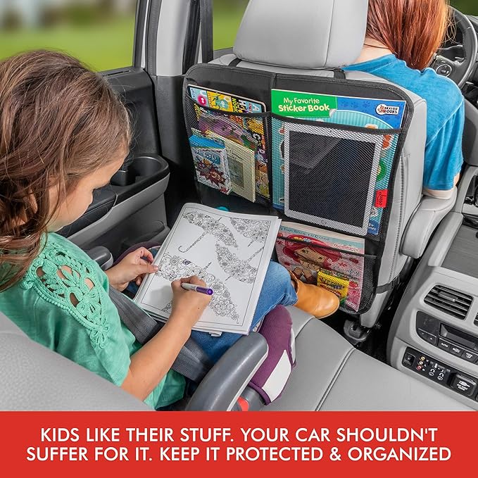 Lusso Gear Kick Mats (2 Pack) - Car Seat Back Protectors, Premium Waterproof Fabric, Reinforced Corners to Prevent Sag, and 4 Mesh Pockets for Large Storage (Tan)