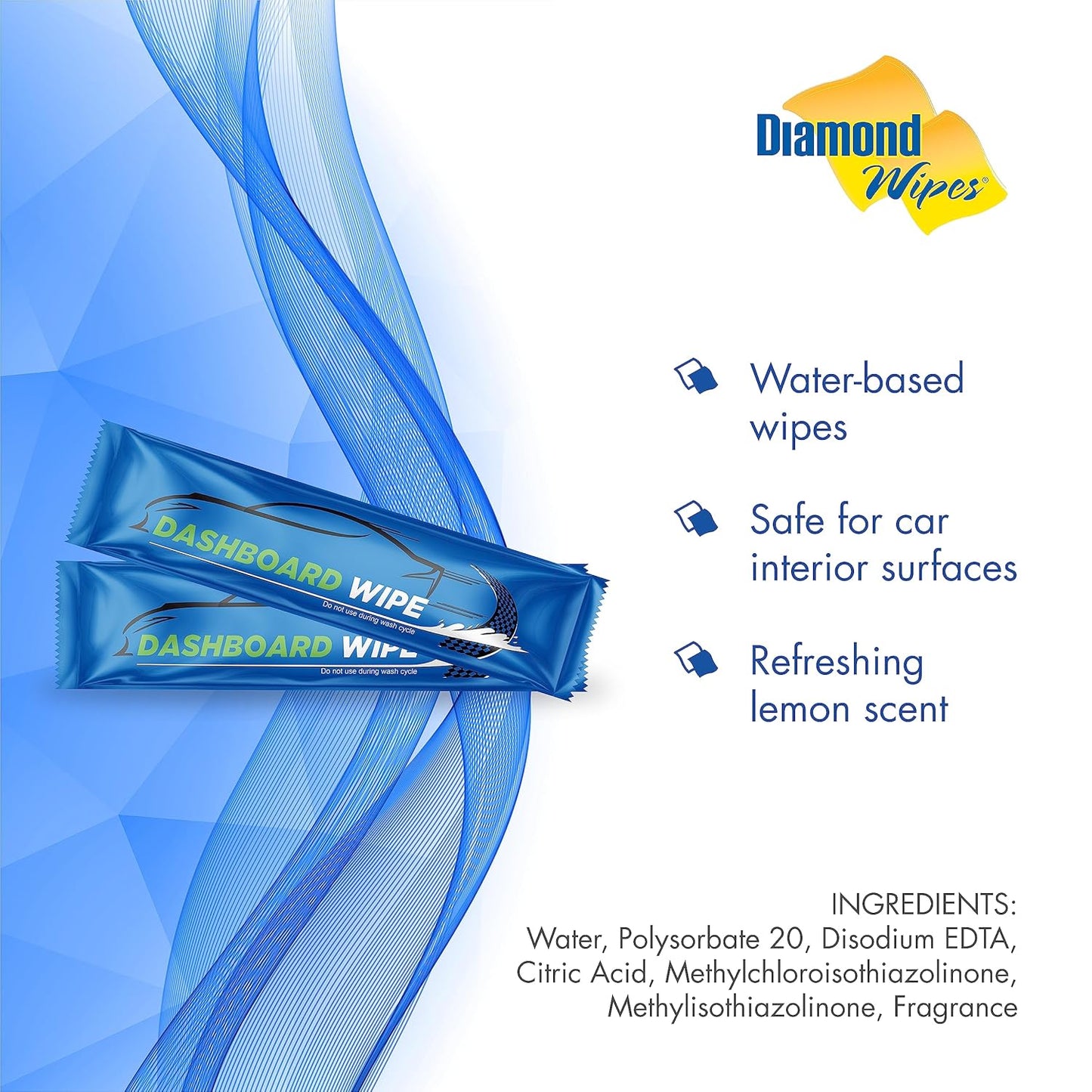 Diamond Wipes Car Wash Wipes with Refreshing Lemon Scent, Pack of 1000 Individually Wrapped Wipes, Dashboard Car Accessories Travel Essentials
