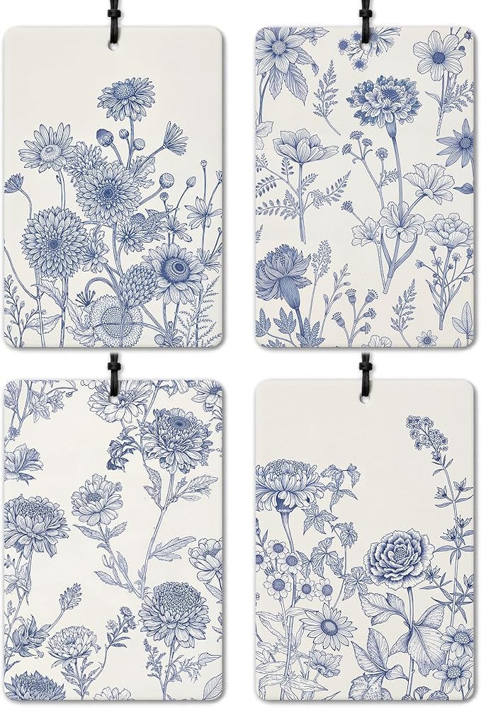 Chinoiserie Vintage Floral Car Air Freshener 4 Pcs, Blue and White Cottagecore Flower Hanging Air Freshener for Cars Closet Drawer Books, Grandmillennial Car Accessories Mirror Decor for Women