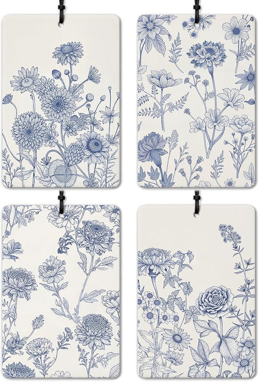 Chinoiserie Vintage Floral Car Air Freshener 4 Pcs, Blue and White Cottagecore Flower Hanging Air Freshener for Cars Closet Drawer Books, Grandmillennial Car Accessories Mirror Decor for Women