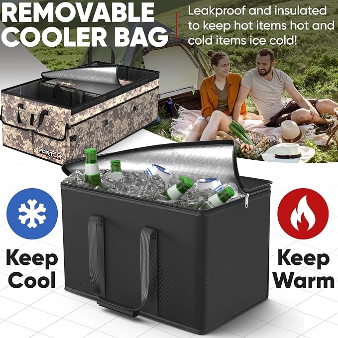 FORTEM Car Trunk Organizer with Cooler, Collapsible Multi Compartment SUV Organizer, Foldable Storage for Car Accessories for Women Men, 600D Oxford, Non Slip Bottom, Securing Straps Soft Cover (105L)