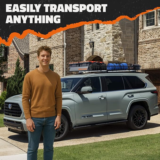 Mockins 90"x50"x6" XXL Heavy Duty Roof Rack Cargo Carrier for Top of Vehicle Storage | 250 Lbs. Cap Steel Car Roof Basket w/Straps | Weatherproof Rooftop Cargo Basket for SUV, RV, & Large Vehicles