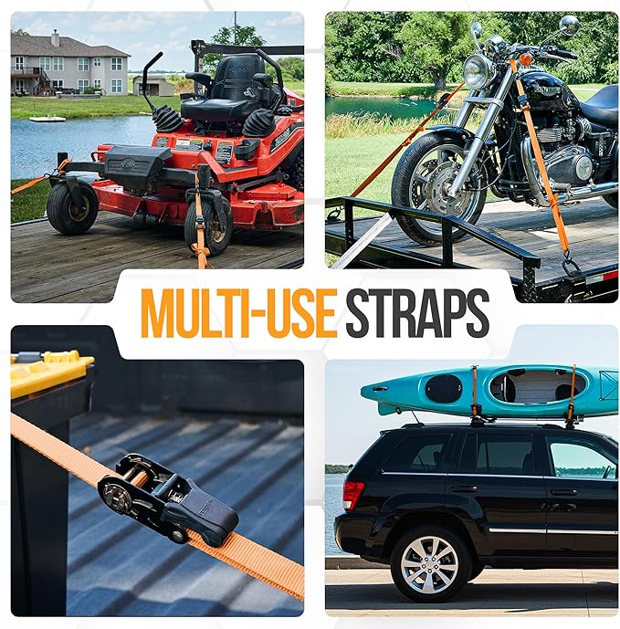 FORTEM Ratchet Straps, Tie Down Strap Set 2300lb Break Strength, 4 Pack 15ft x 1in, 4 Soft Loops, Moving Straps Tie Downs, Cargo Cam Buckles for Trucks, Carry Bag, for Men