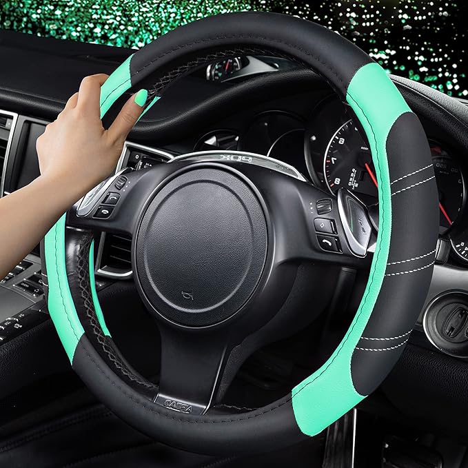 CAR PASS Line Rider Microfiber Leather Sporty Steering Wheel Cover Universal Fits for 95% Truck,SUV,Cars, 14.5-15 inch Anti-Slip Safety Comfortable Design (Black Mint Blue)