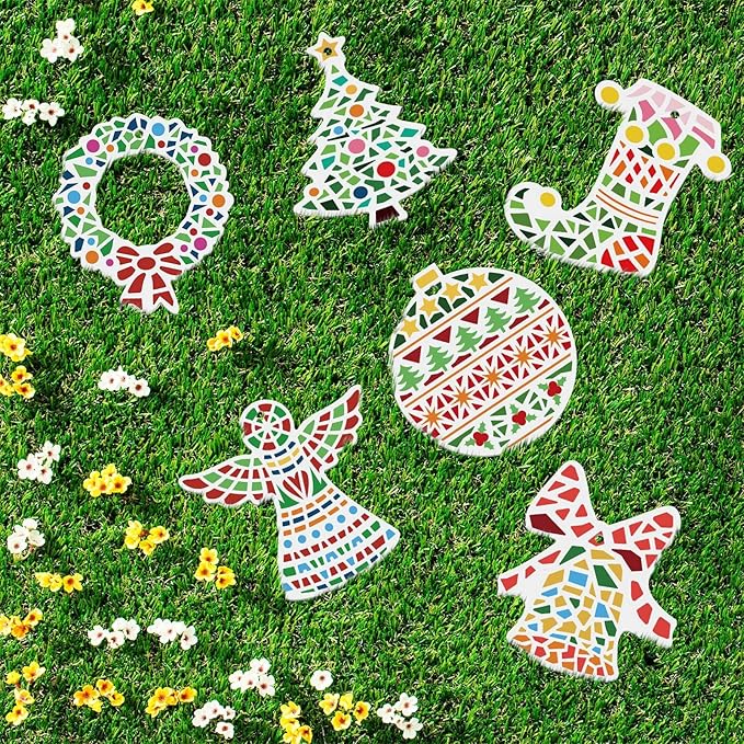 Gersoniel 6 Pack Christmas Ceramic Ornaments Painting Crafts Adult Unpainted Christmas Stepping Stone Kit Ready to Paint Mosaic Ceramic Figurines with Paints Brushes DIY Hanging for Holiday Xmas Tree