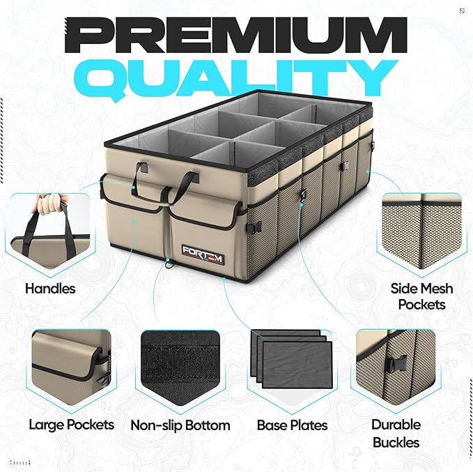 FORTEM Car Trunk Organizer, Collapsible Multi Compartment SUV Organizer, Foldable Storage for Car Accessories for Women Men, 600D Oxford, Non Slip Bottom, Securing Straps, Soft Cover (85L)