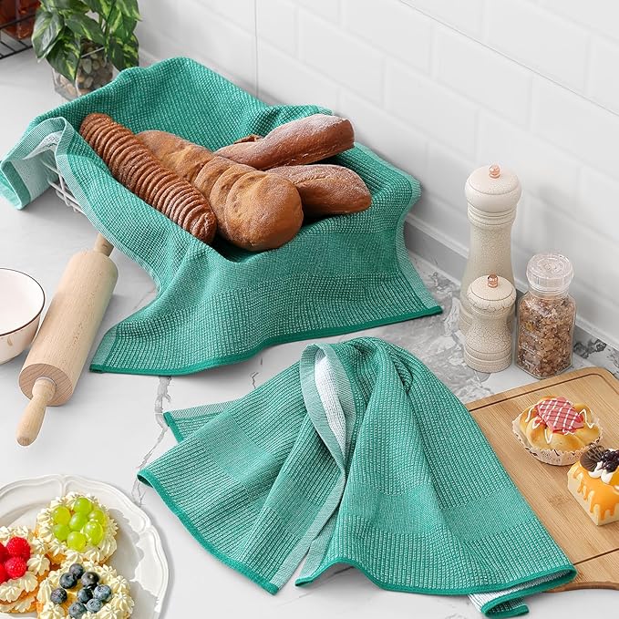 Homaxy Premium Kitchen Towels(18”x 28”, 6 Pack), Large Cotton Kitchen Hand Towels, Flat and Terry Dish Towels, 380 GSM Highly Absorbent Tea Towel Set with Hanging Loop, Grey/Red/Green