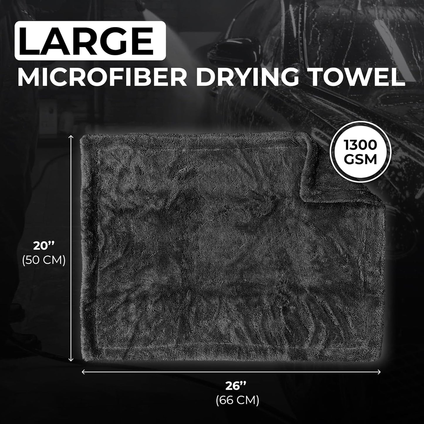Large Car Drying Towel, 1300 GSM Professional Car Towel with Double Twisted Loop,Super Absorbent Large Microfiber Drying Towels for Cars, Trucks, SUVs - 20"x26", Gray
