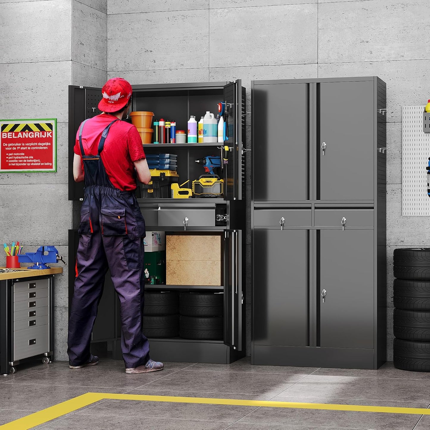 71" Metal Garage Storage Cabinet with 8 Hooks and Pegboards,2 Drawer Tool Storage with Locking Doors and Adjustable Shelves,Heavy Duty Steel Tool Cabinet for Garage, Warehouse