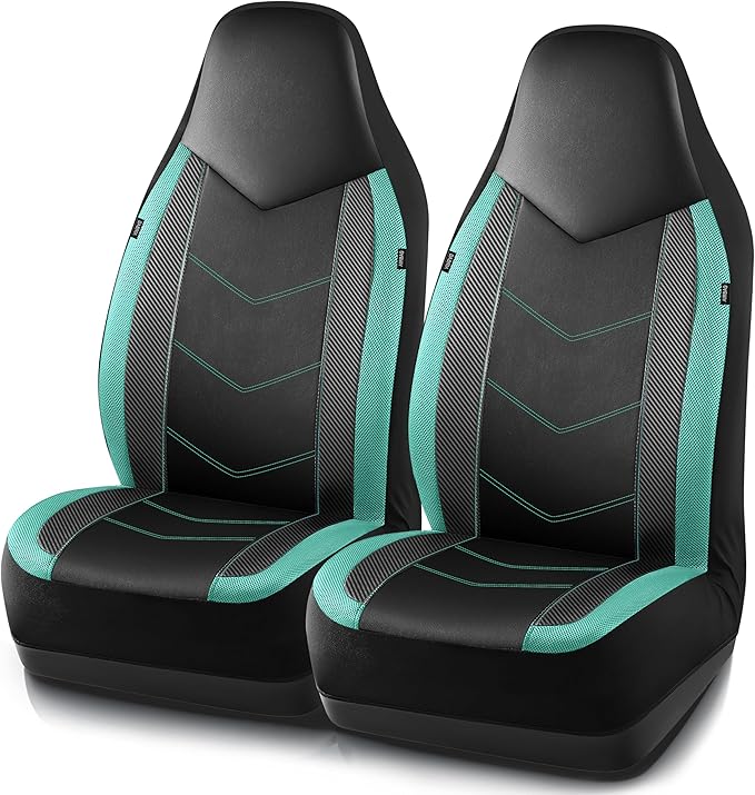 PIC AUTO Leather Car Seat Covers, Sports Carbon Fiber & Mesh Design, High-Back Two Front Set, Waterproof Automotive Seat Covers, Airbag Compatible, Universal Fit for Most Cars (Black & Mint)