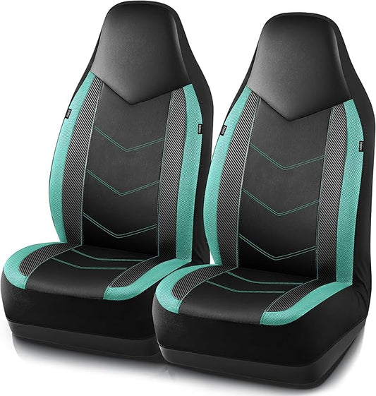 PIC AUTO Leather Car Seat Covers, Sports Carbon Fiber & Mesh Design, High-Back Two Front Set, Waterproof Automotive Seat Covers, Airbag Compatible, Universal Fit for Most Cars (Black & Mint)