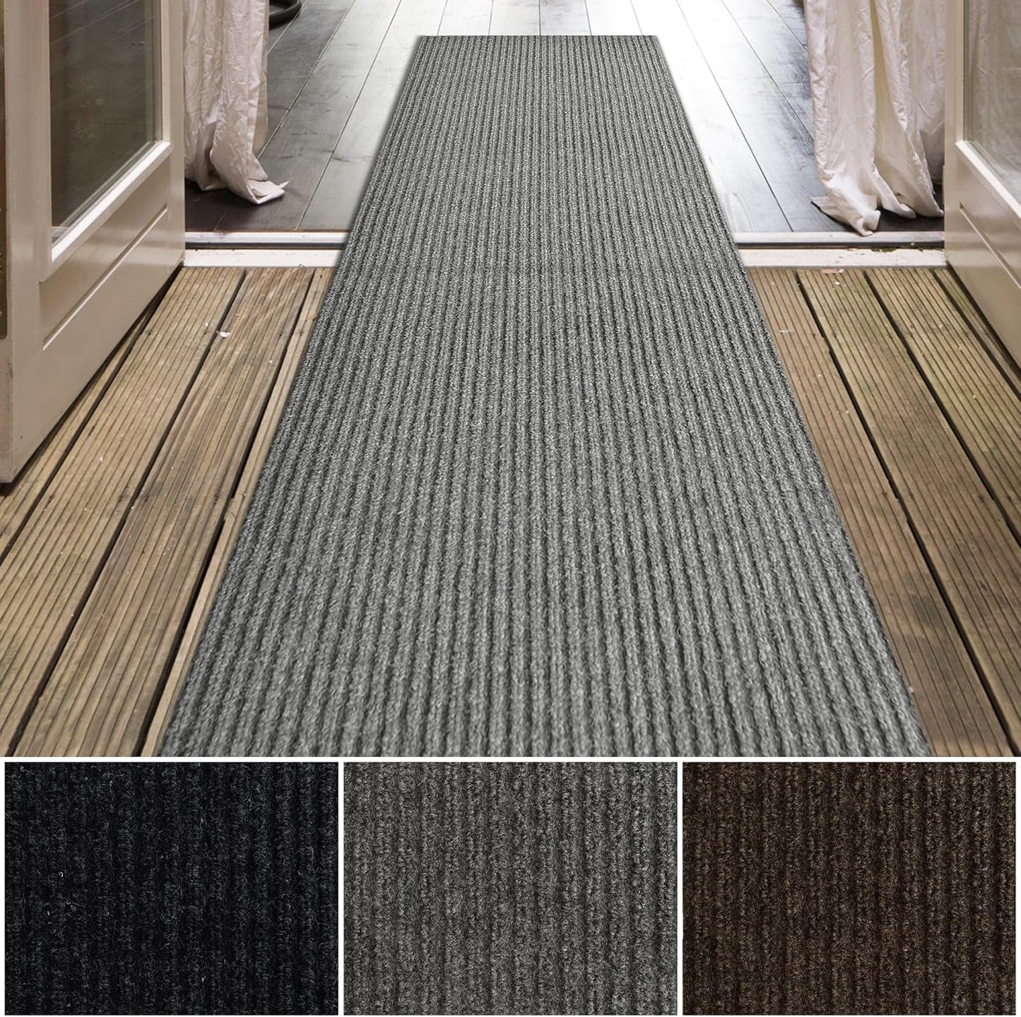 iCustomRug Spartan Weather Warrior Indoor/Outdoor Utility Ribbed Carpet Runner with Non-Slip Thermoplastic Rubber Backing, 3ft X 66ft in Grey