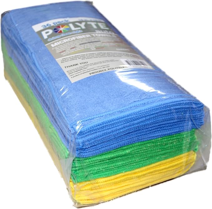 POLYTE Premium Microfiber Cleaning Towel,16x16 in 36 Pack (Blue,Green,Yellow)