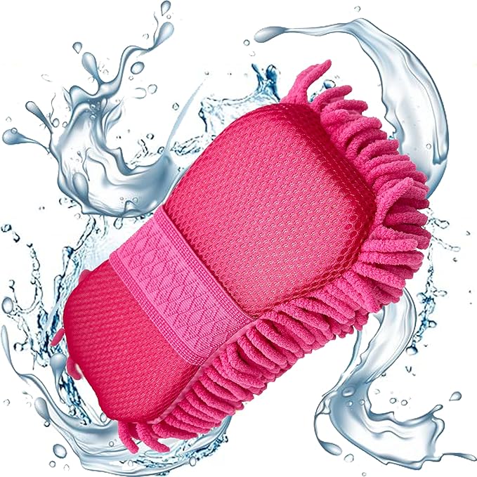 Microfiber Car Wash Sponge-Non-Scratch Wash Mitt-Two Sided Chenille Microfiber Washing Sponge-Mitt for Cars, Trucks, SUVs, Boats(2 Pack Pink)