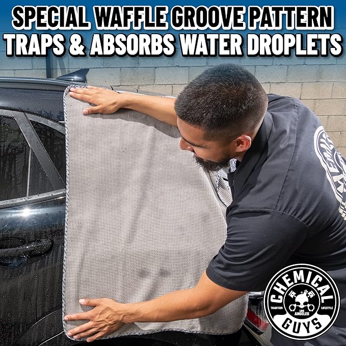 Chemical Guys Waffle Weave Gray Matter Microfiber Drying Towel - 25" x 36", 70/30 Blend with Silk Edging for Scratch-Free Car Drying, Ultra Absorbent and Safe for All Surfaces