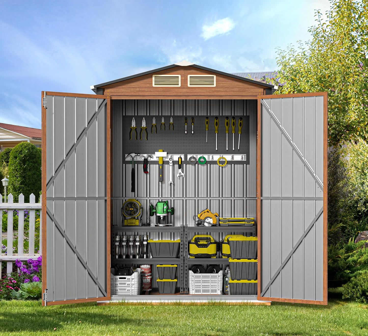 Outdoor Storage Shed, 5x3 Ft Metal Steel Tiny House with Lockable Door, Vertical Outside Storage Building for Garden, Backyard, Lawn, Patio Utility, Tool Storage
