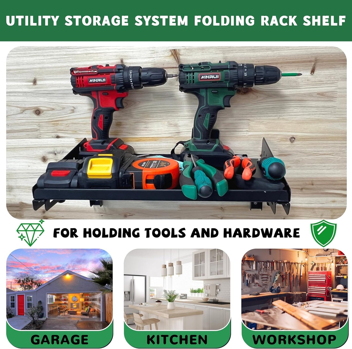 ULIBERMAGNET Garage Folding Storage Rack Shelves,100LB Metal Wall Mounted Adjustable Rail Shelf for Garage,Power Tools,Toolbox,Storage Shelves with Lip for Workshop Kitchen Office (2 Pack)