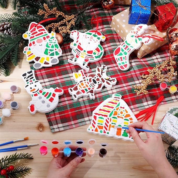 Gersoniel 6 Pack Christmas Paint Your Own Ceramic Ornament Kit Mosaic Stepping Stone Crafts Set Xmas Garden Stones Decor Pottery with Paints Brushes for Holiday Painting Party DIY Art Supplies