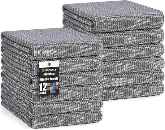Homaxy Premium Kitchen Towels(18”x 28”, 12 Pack), Large Cotton Kitchen Hand Towels, Flat and Terry Dish Towels, 380 GSM Highly Absorbent Tea Towel Set with Hanging Loop, Grey