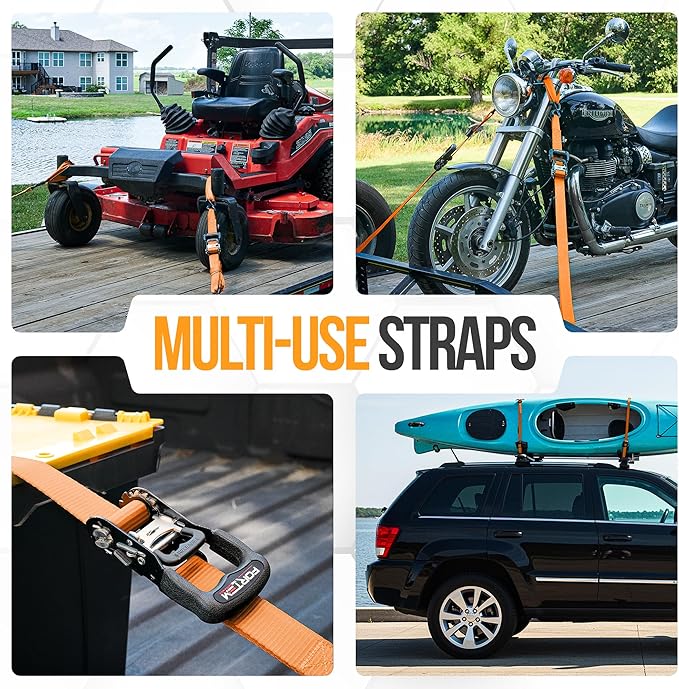 FORTEM Ratchet Tie Down Straps, 5208lb Break Strength, 4 Pack 10ft x 1.5in Heavy Duty Straps, 4 Soft Loops, Cam Buckles for Motorcycles, Safety Lock S Hooks, Carry Bag