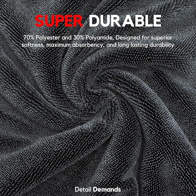 Extra Large Car Drying Towel - 1400 GSM Edgeless Twisted Loop Design - 70/30 Blend Microfiber Towels for Cars, Trucks, SUVs - Superior Absorption, Streak-Free - 24" x 36", Black