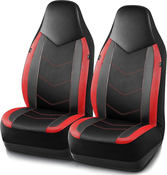 PIC AUTO Leather Car Seat Covers, Sports Carbon Fiber & Mesh Design, High-Back Two Front Set, Waterproof Automotive Seat Covers, Airbag Compatible, Universal Fit for Most Cars (Black & Red)