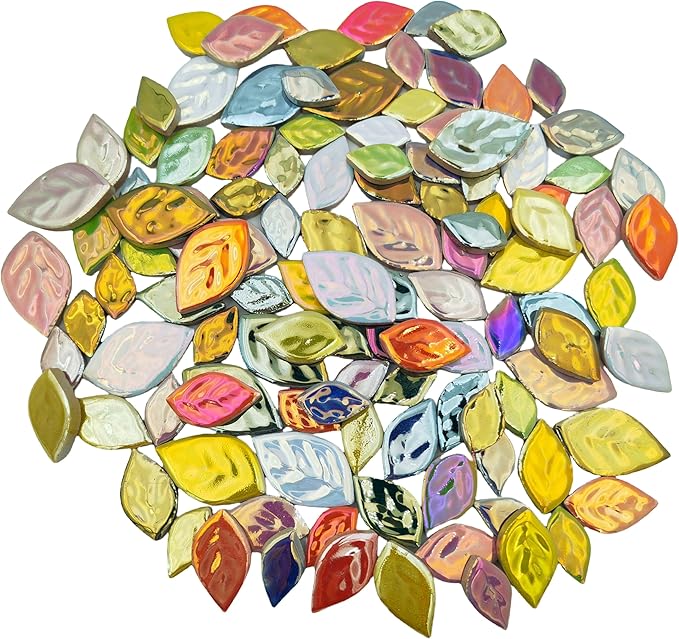 1.1LB Random Iridescent Leaves Ceramics Mosaic Tiles, Making Creative 3 Size Ceramic Mosaic Pieces for DIY Craft,Flowerpots, Vases, Cups, Garden Decor Mosaic Making Supplies (Flowers + Leaves)