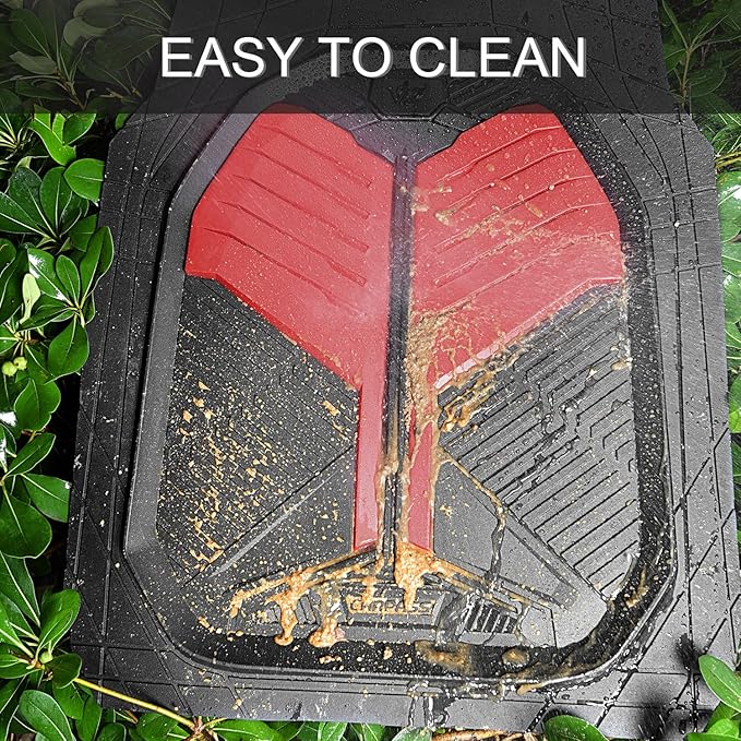 CAR PASS Heavy Duty Rubber Car Mats, Deep-Dish Car Floor Mats All Weather, Universal Two-Tone Trim-to-Fit for SUVs Trucks Sedans, Waterproof Anti-Slip, 3 Pieces V12 Black and Metallic Red