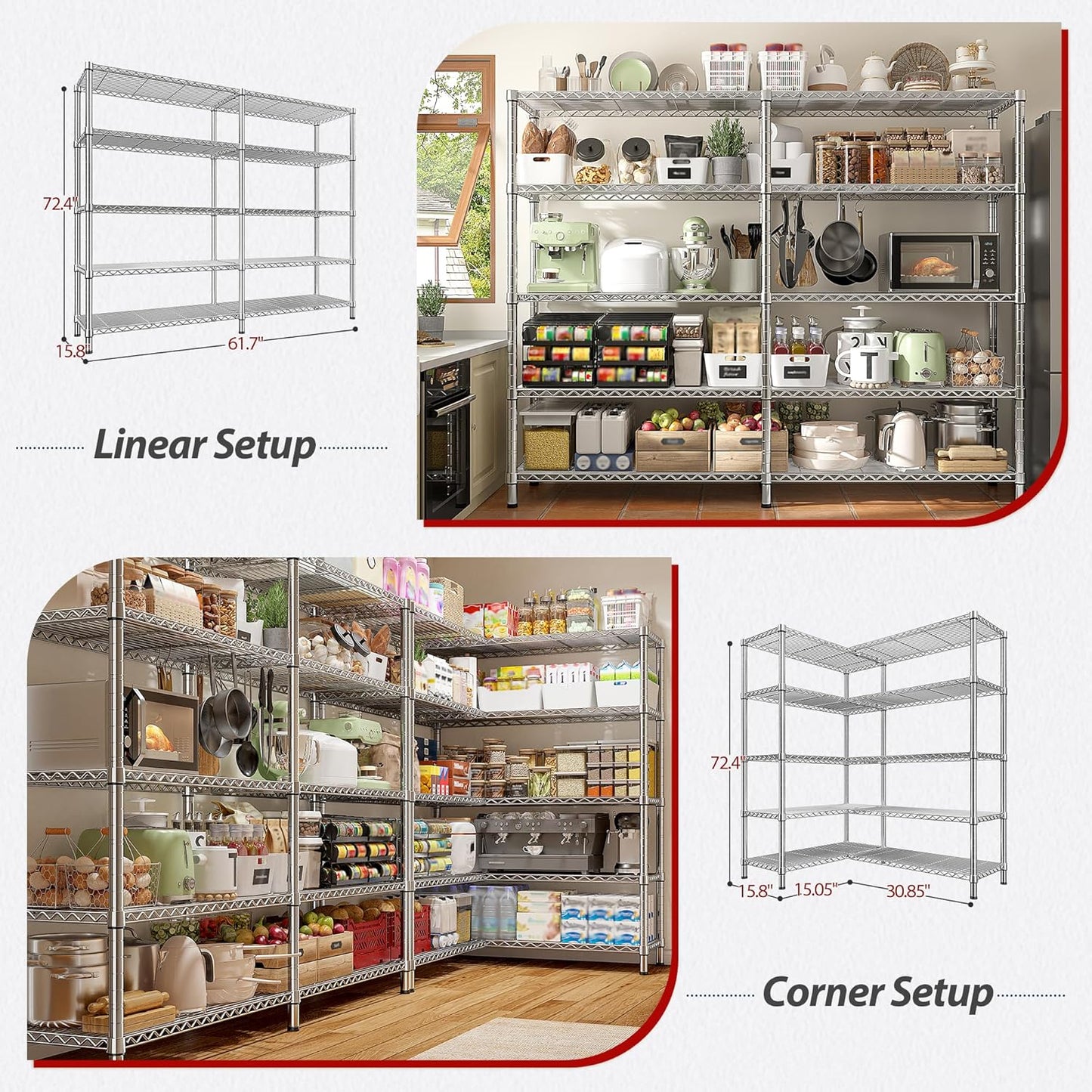 REIBII 1500LBS Storage Shelves 61.7''W Wire Shelving Unit 5 Tier Metal Shelving for Storage Rack Shelves Heavy Duty Garage Shelf Pantry Shelves Kitchen Shelving, 61.7" W*72.4" H*15.8" D, Chrome