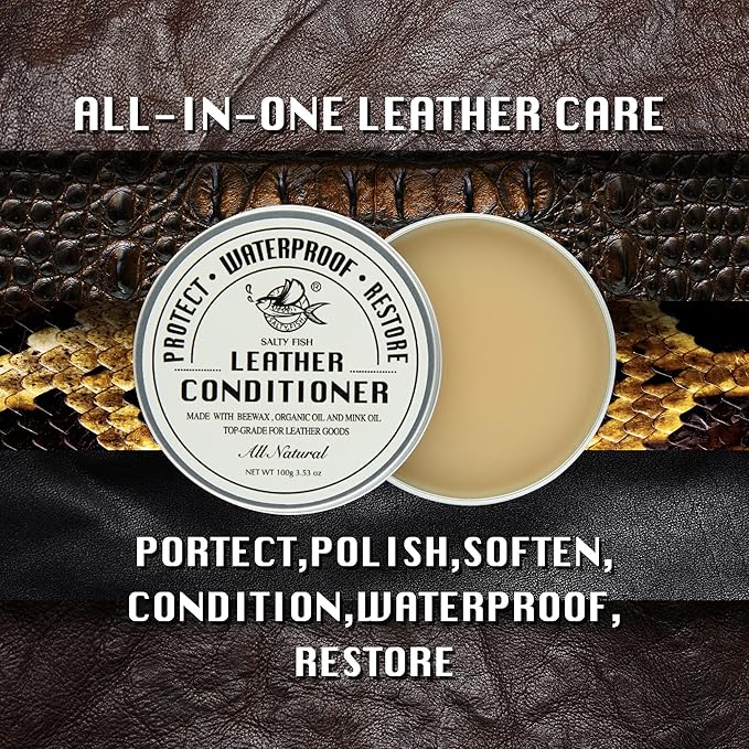 SALTY FISH All-Natural Leather Conditioner and Cleaner,Made with Mink Oil Beeswax,Protect Soften Waterproof Leather Furniture,Car Seats,Shoes,Boots,Bags (7.5 Oz)